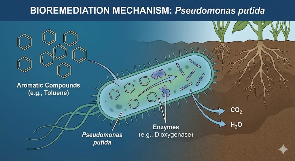 Courtesy of Gemini AI: an illustration of bioremediation mechanism in Pseudomonas putida. 